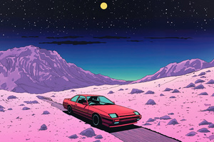 Starry Desert Adventure On Classic Car Synthwave Road (3840x2160) Resolution Wallpaper