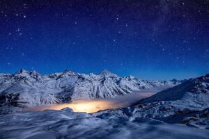 Starry Night Snow Covered Mountains 4k