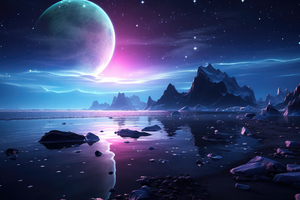 Starry Waters Planet Reflection Amidst Sky And Rocks Wallpaper