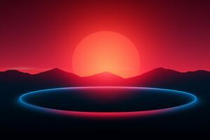 Sun Setting Over Mountains Neon Light 8k (1600x900) Resolution Wallpaper
