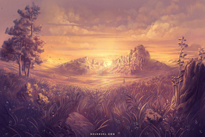 Sunlit Plains Trees Grass Golden Hour 4k (2048x2048) Resolution Wallpaper