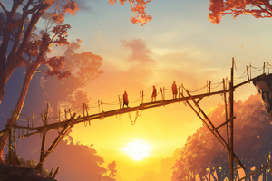Sunset On The Wooden Bridge People Standing