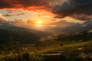 Sunset Over Mountain Peaks Serene Vista (7680x4320) Resolution Wallpaper