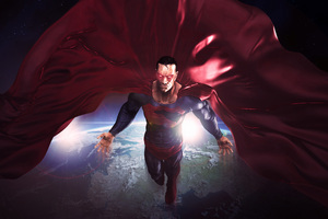 Superman In The Space Red Cape Flying Artwork 8k Wallpaper
