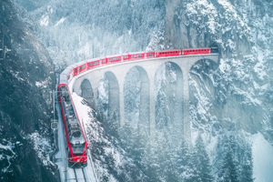 Switzerland Red Train With Snow (2932x2932) Resolution Wallpaper