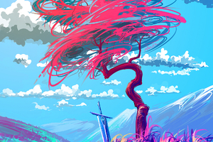 Sword Tree Landscape Digital Art (1024x768) Resolution Wallpaper