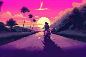 Synthetic Serenade Moped Journey With A Vaporwave Girl Wallpaper