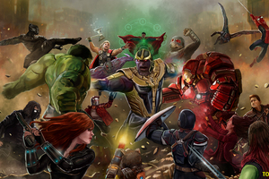 Thanos Beating All The Avengers In Avengers Infinity War Artwork Wallpaper
