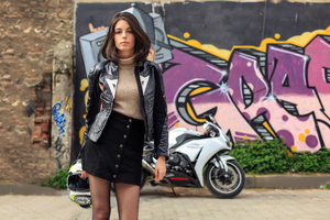The Girl With Bike Jacket And Helmet Wallpaper