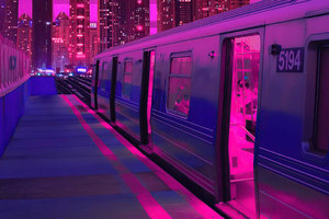 Train Neon Synthwave Buildings 5k