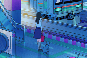 Train Station Anime Girl With Cat Wallpaper