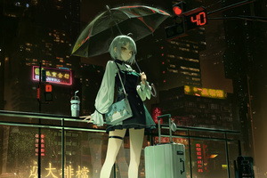 Umbrella Anime Girl In Cyber City (1360x768) Resolution Wallpaper