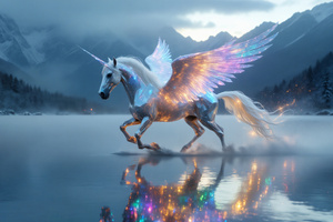 Unicorn Horse Walking On Frozen Lake (5120x2880) Resolution Wallpaper