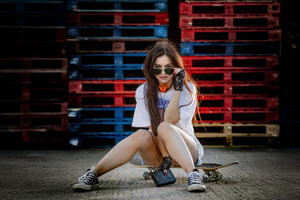 Urban Girl Sitting On Skateboard With Toshiba Music Player (2560x1024) Resolution Wallpaper