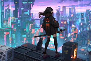 Urban Girl With Sword In Scifi World (2560x1080) Resolution Wallpaper