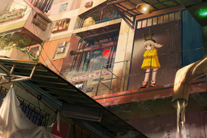Urban Serenity Anime Girl And Child On A City Balcony Wallpaper