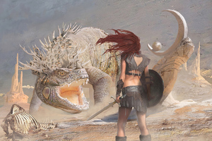 Warrior Girl Vs Dragon 4k (1336x768) Resolution Wallpaper