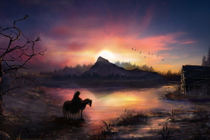 Warrior On Horse Sunrise Nature Fantasy 4k (2048x1152) Resolution Wallpaper