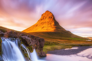 Waterfall And Pointed Mountain At Sunset (1280x720) Resolution Wallpaper