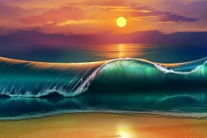 Waves Sunset Minimalism Wallpaper