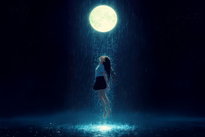 Weightless Girl In Moon Rain (1366x768) Resolution Wallpaper