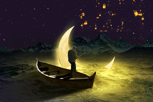 When Sky Lanterns Meet Lunar Seas (1600x900) Resolution Wallpaper