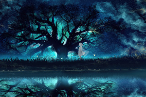 Whispers Of Wishes Enchanting Anime Girl Under The Tree (2048x2048) Resolution Wallpaper