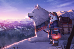 White Dog With Cute Baby Girl Snow Mountains Artwork (1336x768) Resolution Wallpaper