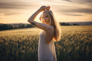 White Dress Charming Girl In Sun Drenched Fields Wallpaper