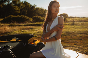 White Dress Girl Sitting On Convertible Car In Nature (2048x2048) Resolution Wallpaper
