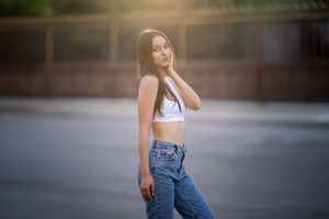 White Top Girl Looking At The Viewer (2560x1024) Resolution Wallpaper