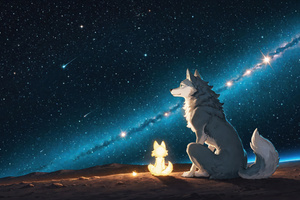 White Wolf And Cat In Space (2880x1800) Resolution Wallpaper