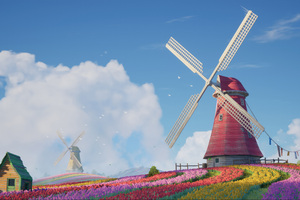 Windmill Tulips Field 5k Wallpaper