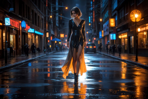Woman In A Black Dress Walking On A Wet City Street At Night (2048x2048) Resolution Wallpaper