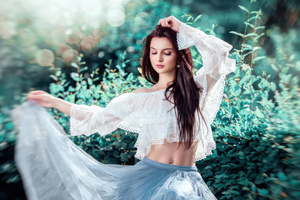 Woman In Flowing Dress With Green Bokeh (1920x1200) Resolution Wallpaper