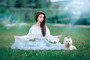 Woman With White Dog On Grass (1920x1200) Resolution Wallpaper