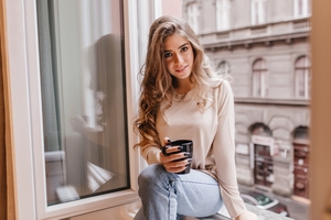 Women Blonde With Coffee Cup 4k