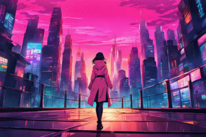 Women In Pink Long Coat Standing In Cyberpunk City 4k (2932x2932) Resolution Wallpaper