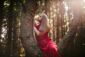 Women In Red Dress In Nature (5120x2880) Resolution Wallpaper