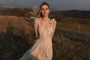 Women Model Landscape White Dress Countryside 4k