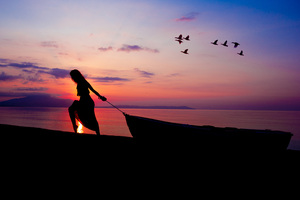 Women Towing Boat Beach Sunset Silhouette Wallpaper