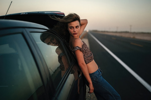 Women With Cars On Highway (2048x2048) Resolution Wallpaper