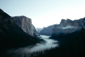 Yoesmite Snowy Mountains Fog Covered 5k (1280x800) Resolution Wallpaper