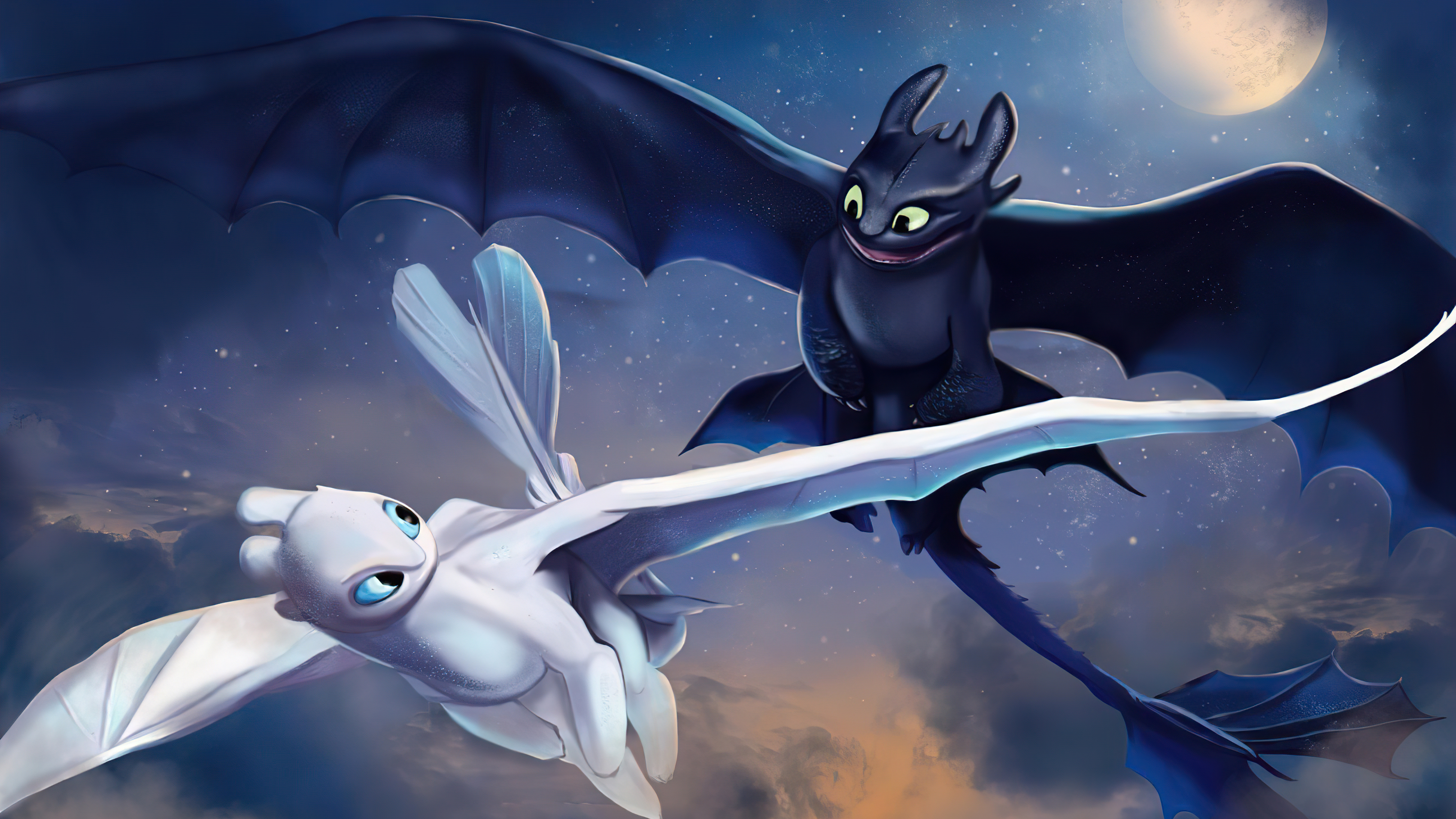 Download wallpaper 1366x768 toothless and light fury dragons moon  artwork tablet laptop 1366x768 hd background 19781