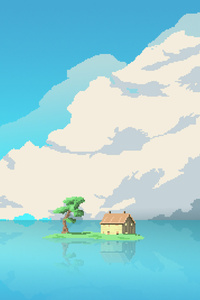 8 Bit Artwork House Island In Middle Of Water (1440x2960) Resolution Wallpaper