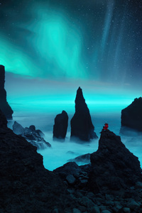 A Person Sitting On Rocks Aurora Bliss 5k (1440x2960) Resolution Wallpaper