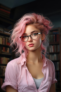 A Pink Haired Girl With Glasses In The Library