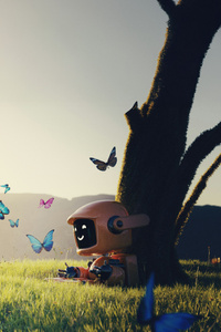 A Robot Enjoying Summer On A Grass Field (320x480) Resolution Wallpaper