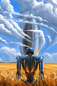 A Robot Lost Between Nature And Machine (1080x2400) Resolution Wallpaper