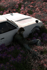 Abandoned Car In Flower Field (2160x3840) Resolution Wallpaper